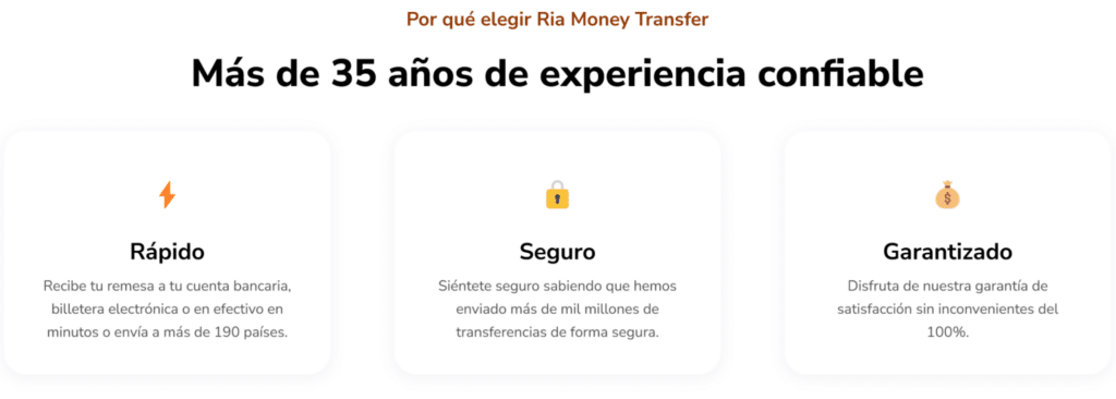 Una imagen de las ventajas del recibo de transferencia de dinero RiA: rapidez, seguridad y garantía.