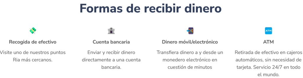 Una imagen de las formas del recibo de transferencia de RiA: recogida de efectivo en la tienda de RiA, cuenta bancaria, dinero móvil/electrónico, cajero automático.